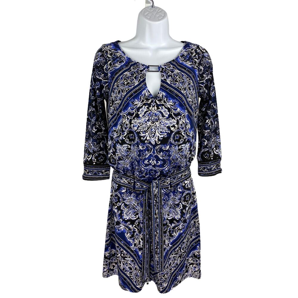 WHBM Scarf Print Blouson Dress Blue Black XS